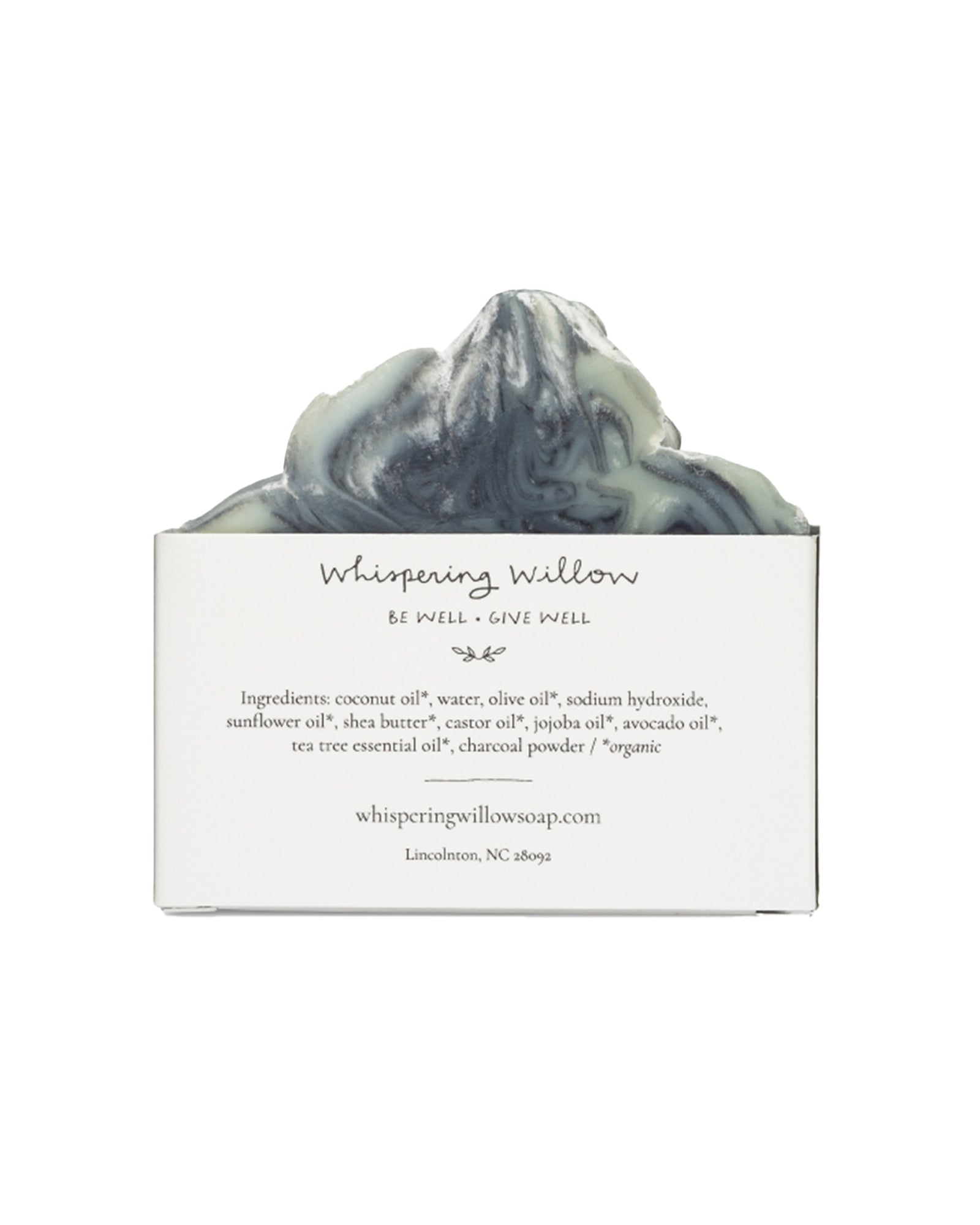 The back of Whispering Willow Tea Tree & Charcoal Bar Soap