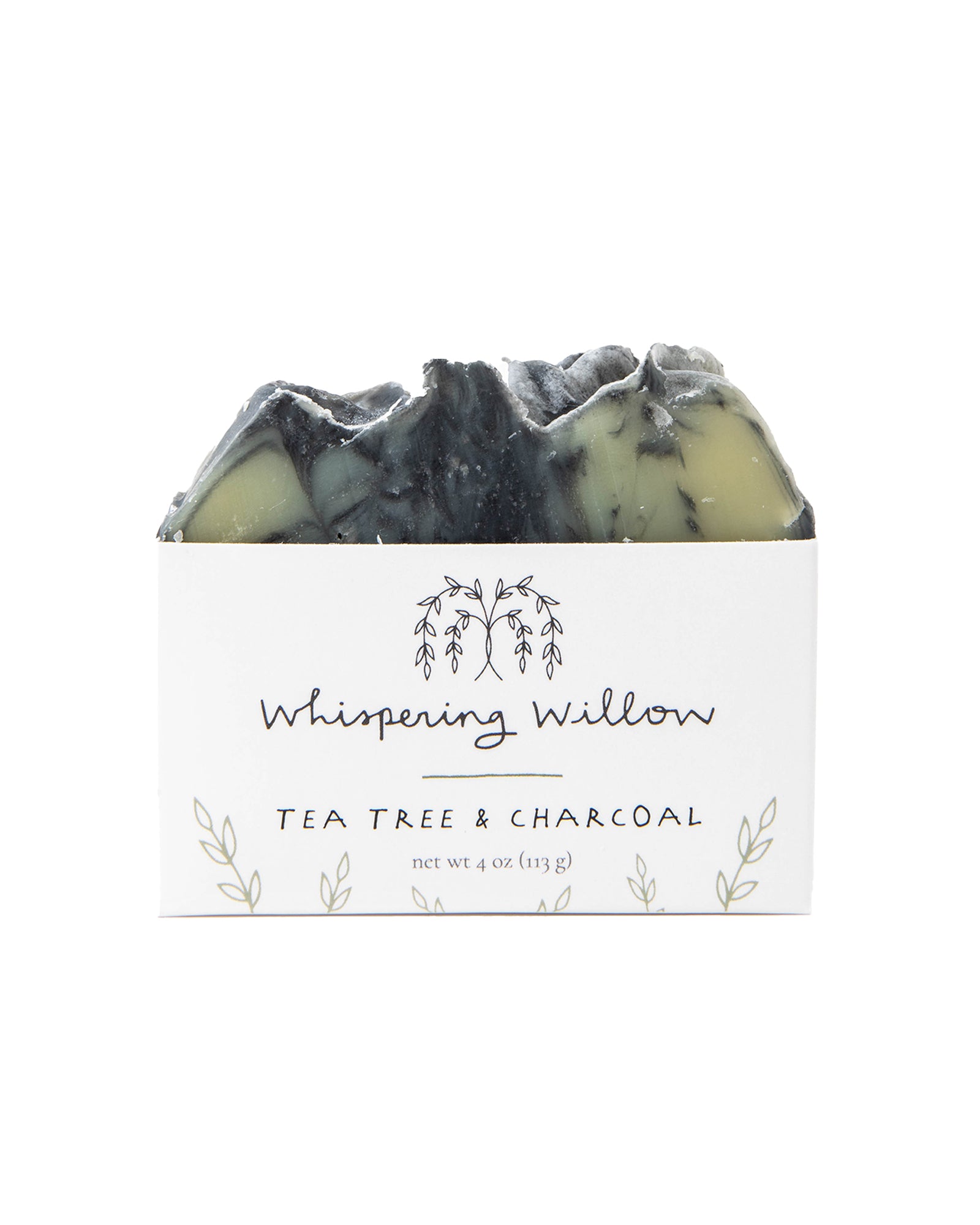 The front of Whispering Willow Tea Tree & Charcoal Bar Soap