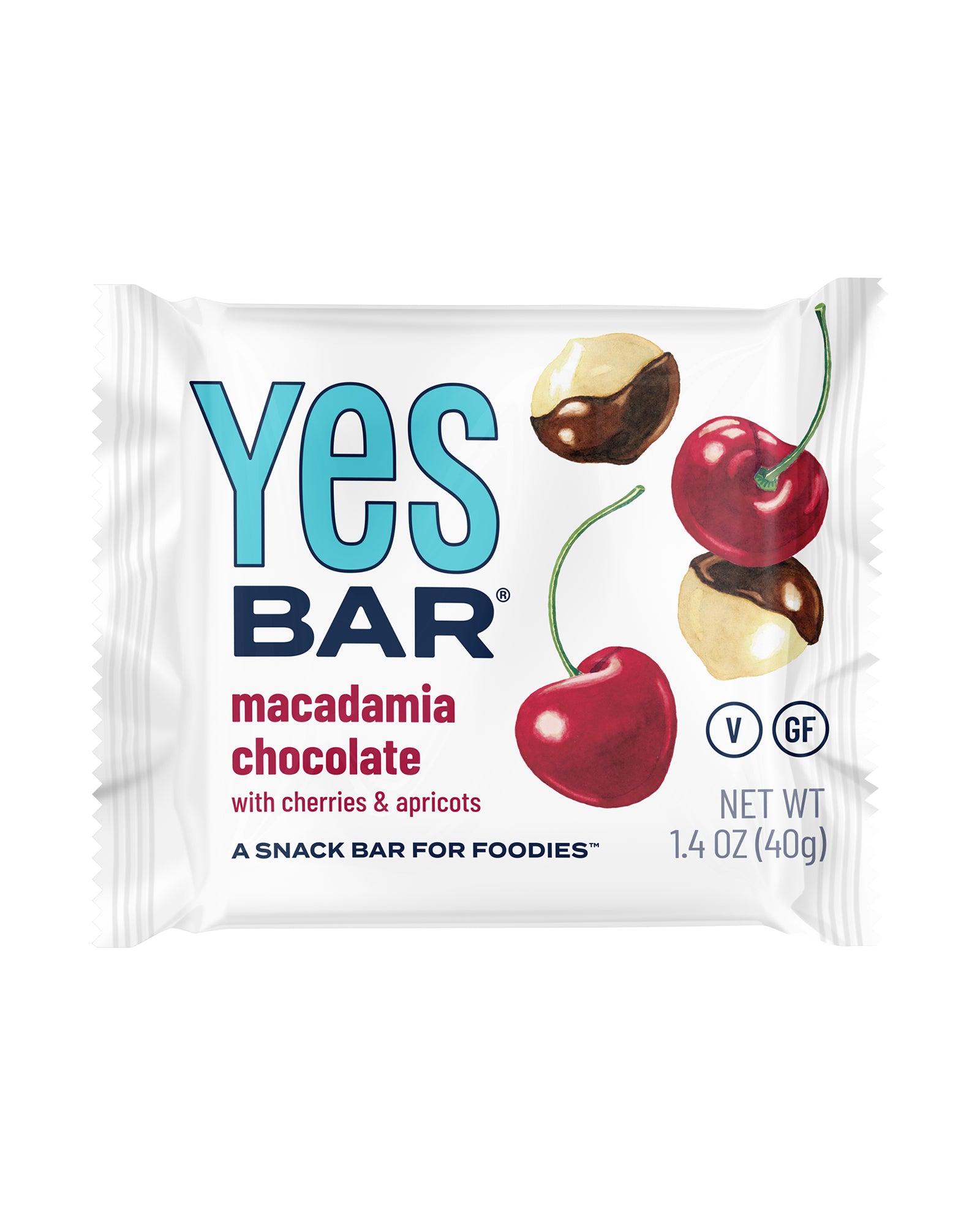 The front of Yes Bar Macadamia Chocolate Snack Bar - Box of 6