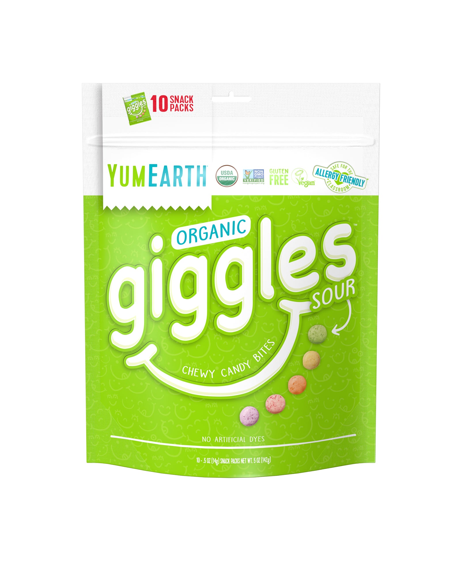 The front of YumEarth Organic Sour Giggle Snack Packs